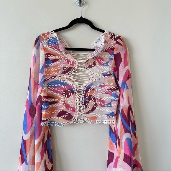 RARE-NWT-FREE People Eyes on You Bell Sleeve Eyelet Mesh Crop(Size:XLarge) - Picture 8 of 12